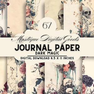 Könnte beinhalten: Ein Set mit 67 digitalen Journalpapieren mit einem dunklen Magie-Thema. Die Papiere haben eine Vintage-Ästhetik mit floralen Mustern, Schädeln und tropfenden Farbeffekten. Die Papiere sind 8,5 x 11 Zoll groß.