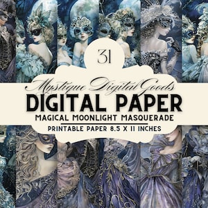 May include: A digital paper pack with 31 images featuring masked figures in a blue and silver colour scheme. The text "Mystique Digital Goods DIGITAL PAPER MAGICAL MOONLIGHT MASQUERADE PRINTABLE PAPER 8.5 X 11 INCHES" is displayed on the image.