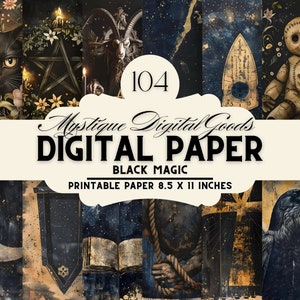May include: A set of 10 digital papers featuring a dark and mystical theme. The papers include images of a black cat, a pentagram, a crow, a book, a rope, a cross, and a doll. The papers are 8.5 x 11 inches and are perfect for scrapbooking, card making, and other crafting projects.