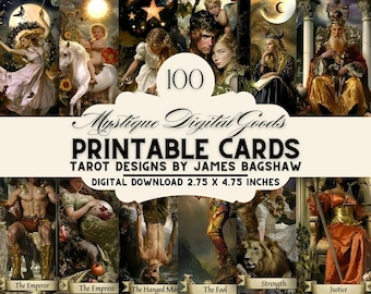 May include: A digital download featuring 100 printable tarot cards. The design includes various illustrations with the text "Mystique Digital Goods" and "Tarot Designs by James Bagshaw." The cards measure 2.75 x 4.75 inches.