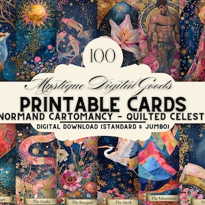 Cartomancie Lenormand - Céleste matelassé, révélation spirituelle et divination, cartes numériques imprimables, taille tarot standard et géant