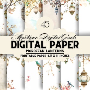 Pode incluir: 45 papéis digitais com lanternas marroquinas, desenhos florais e de pássaros. Os papéis imprimíveis medem 8,5 x 11 polegadas.