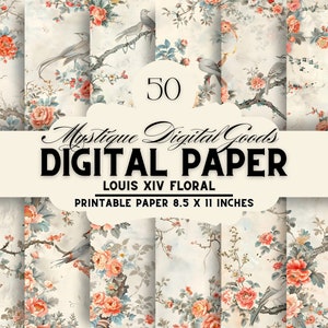 Carta digitale, Luigi XIV floreale - carta per diario, album di ritagli, cineserie floreale, scrapbooking, stampabile, 8,5"X11" (modelli non ripetitivi)