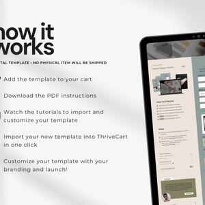 Guide: Add template to cart, download PDF instructions, watch tutorials, import template into ThriveCart, customize with branding. Easy setup.