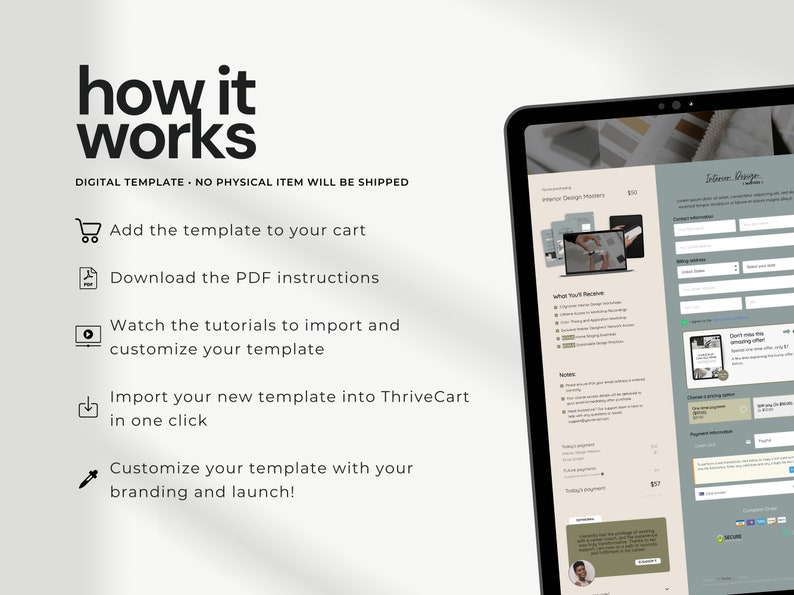 Guide: Add template to cart, download PDF instructions, watch tutorials, import template into ThriveCart, customize with branding. Easy setup.