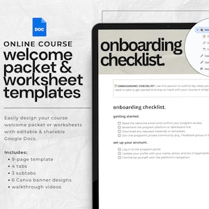 May include: A digital onboarding checklist template for online courses. The checklist includes sections for getting started and setting up an account. The template is designed to help students get started and stay on track with their course or program.