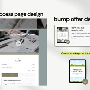 ThriveCart Success Page with welcome video and bump offer. Includes Canva mockups and one-time offer. Clean and visually appealing design.