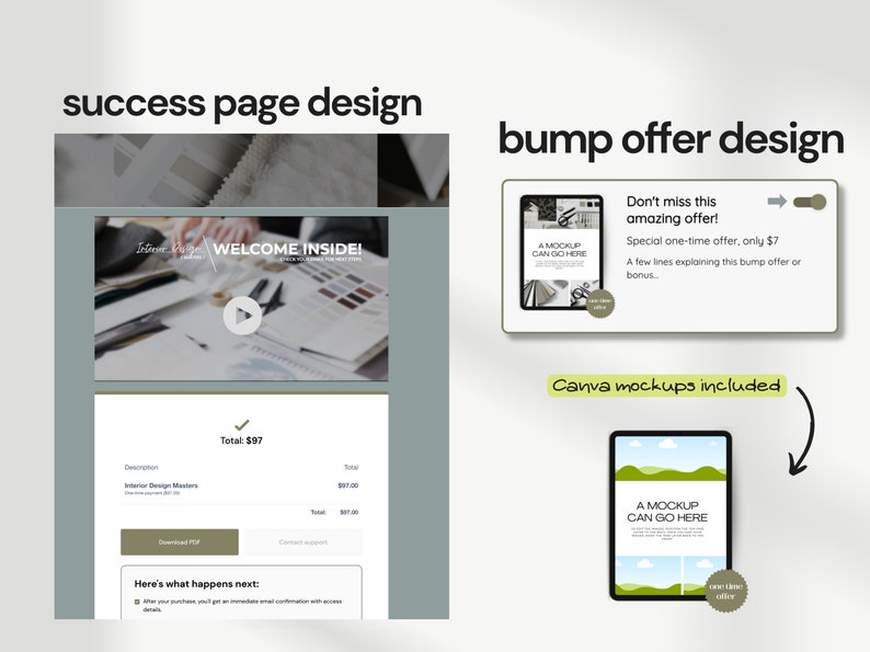 ThriveCart Success Page with welcome video and bump offer. Includes Canva mockups and one-time offer. Clean and visually appealing design.