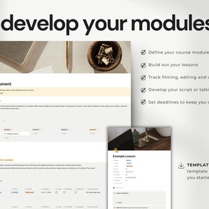 Notion Curriculum Planner's Content Development. Define modules, build lessons, track progress, develop scripts, and set deadlines. Includes example lesson template.