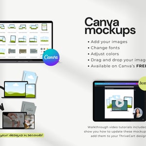 Canva Mockups customization options. Add images, change fonts, adjust colors, and drag/drop elements in Canva's free plan. Includes walkthrough video tutorial.