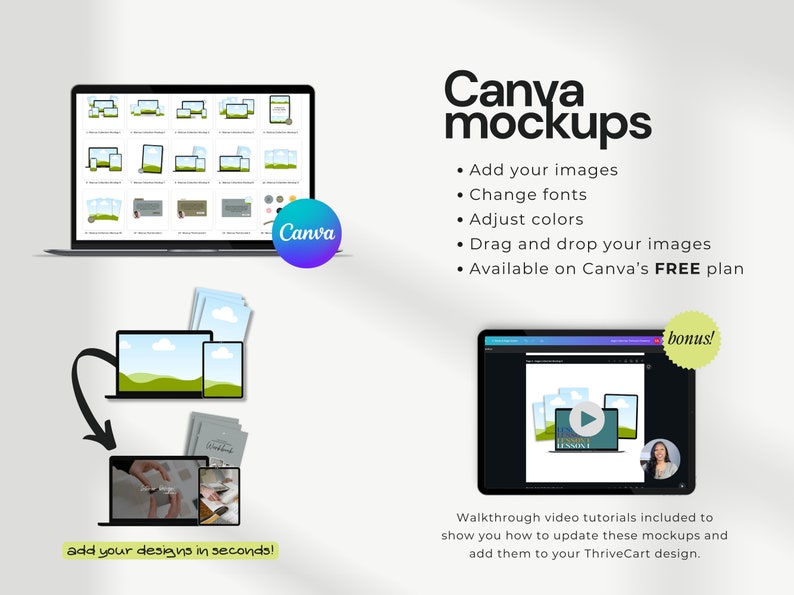 Canva Mockups customization options. Add images, change fonts, adjust colors, and drag/drop elements in Canva's free plan. Includes walkthrough video tutorial.