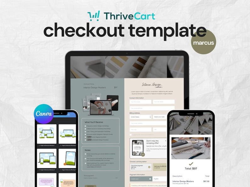 ThriveCart Checkout Template 'Marcus' with tablet showing the checkout page, phone with order summary, and Canva mockups. Neutral tones and professional layout.