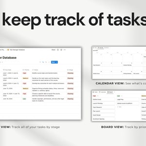 Notion Curriculum Planner's Task Manager Database. Track tasks by stage, priority, and due date. Includes table, calendar, and board views for comprehensive task management.