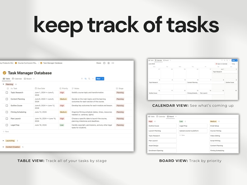 Notion Curriculum Planner's Task Manager Database. Track tasks by stage, priority, and due date. Includes table, calendar, and board views for comprehensive task management.