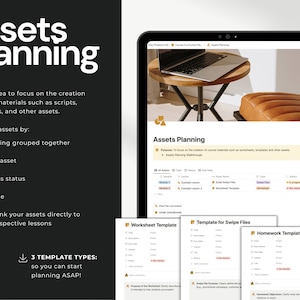 Notion Curriculum Planner's Assets Planning. Focus on creating course materials like scripts, worksheets, and templates. View assets by type, status, and due date.