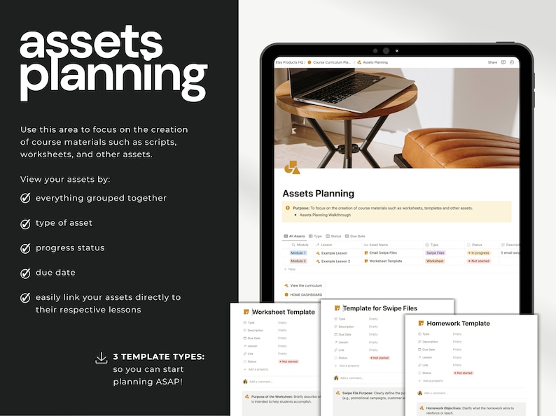Notion Curriculum Planner's Assets Planning. Focus on creating course materials like scripts, worksheets, and templates. View assets by type, status, and due date.