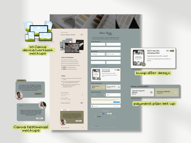 Included: ThriveCart checkout and success page templates, 10 Canva mockups, 2 testimonial templates, 9 promotional badges, walkthrough videos. Instant access.