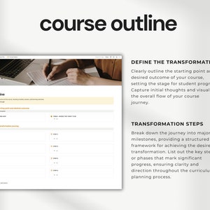 Notion Curriculum Planner's Course Outline feature. Define the starting point and desired outcome, outline transformation steps, and visualize the course journey.