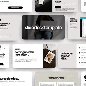 Op de afbeelding: Een diapresentatie sjabloon met een zwart-wit kleurenschema. Het sjabloon bevat een titeldia, een dia voor een video, een dia voor een lesplan en een dia voor een module- of lestitel. Het sjabloon is ontworpen om te worden gebruikt voor online leren.