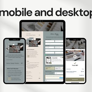Responsive ThriveCart checkout template on tablet and mobile phones. Includes order summary and additional offers. Clean layout for any device.