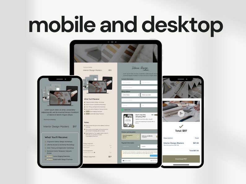Responsive ThriveCart checkout template on tablet and mobile phones. Includes order summary and additional offers. Clean layout for any device.