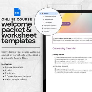 Op de afbeelding: Een digitaal scherm dat een checklist weergeeft voor het onboarden van studenten in een online cursus. De checklist bevat stappen zoals het lezen van de welkomstmail, het toevoegen van een bladwijzer voor het programmaplatform en het deelnemen aan de privégemeenschap van het programma. De tekst "Onboarding Checklist" wordt weergegeven in een paarse box.