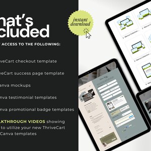 Details: ThriveCart checkout and success page templates, Canva mockups, testimonial templates, promotional badges, and video tutorials. Instant download.