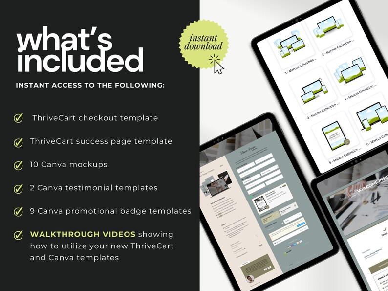Details: ThriveCart checkout and success page templates, Canva mockups, testimonial templates, promotional badges, and video tutorials. Instant download.