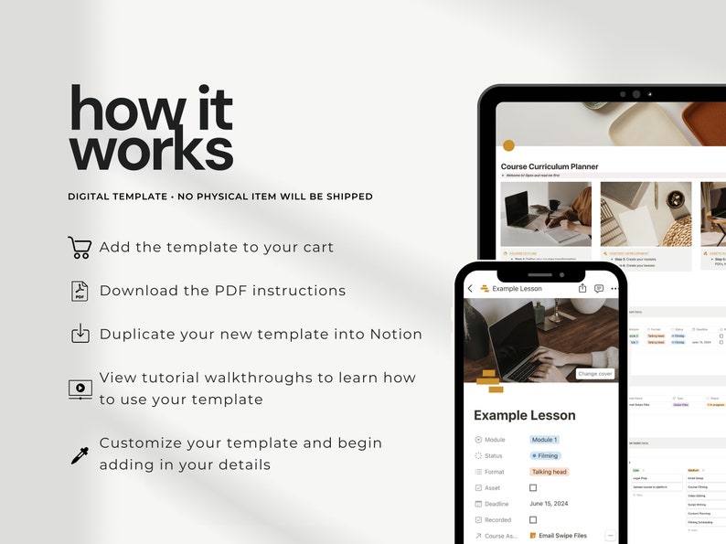 How to use the Notion Curriculum Planner. Add template to cart, download PDF instructions, duplicate template into Notion, watch tutorial walkthroughs, and customize.