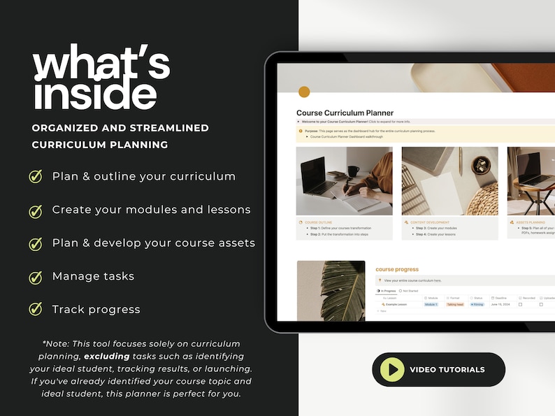 Organized curriculum planning with the Notion Curriculum Planner. Plan and outline curriculum, create modules and lessons, develop assets, manage tasks, and track progress.