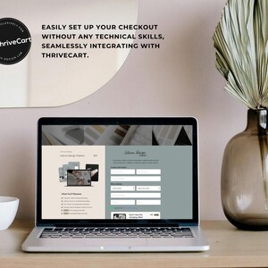 ThriveCart checkout page mockup on tablet. Emphasizes easy setup without technical skills, integrates with ThriveCart. Includes branding elements.