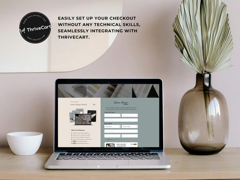 ThriveCart checkout page mockup on tablet. Emphasizes easy setup without technical skills, integrates with ThriveCart. Includes branding elements.