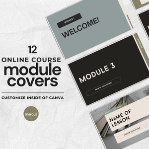 Puede incluir: Doce portadas de módulos de cursos en línea con un diseño minimalista. Las portadas son en negro, blanco y gris con texto que dice "Módulo 1 ¡Bienvenido!" y "Módulo 3".