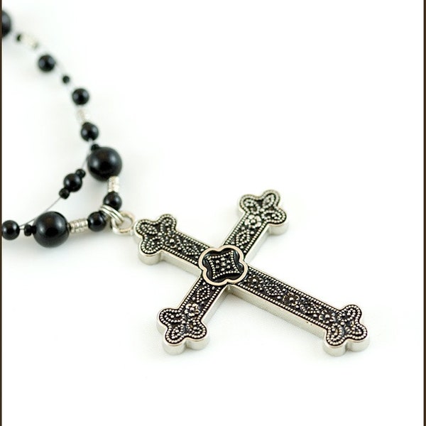 Floating Black Bead Cross Necklace