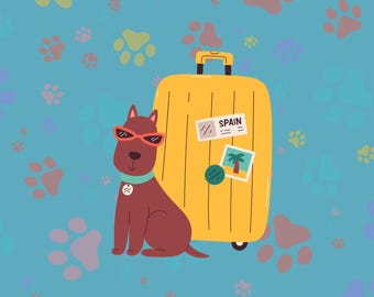 May include: A brown dog wearing sunglasses sits next to a yellow suitcase with a "Spain" sticker. The background is blue with paw prints in various colors.