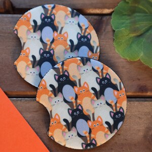 Cute Cats Car Coasters in Neoprene or MDF, Cartoon Feline Cup Holder Accessory, Orange Tabby, Black Kitty, Siamese Cat Design, Set of Two