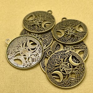 Wicca Witch Pentacle Pendants / Antique Bronze / Pagan Charms / Mystical / Filigree Tree Charm / Moon Pendant / Halloween / Patina Queen image 3