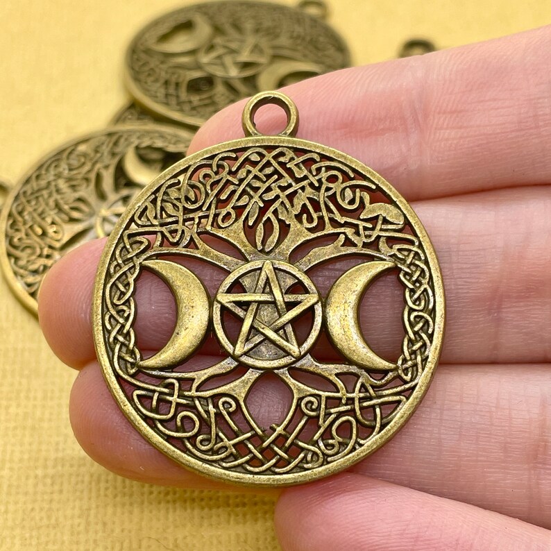 Wicca Witch Pentacle Pendants / Antique Bronze / Pagan Charms / Mystical / Filigree Tree Charm / Moon Pendant / Halloween / Patina Queen image 2