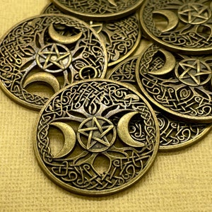 Colgante de pentáculo wiccano de bronce antiguo: árbol de filigrana, dijes de luna