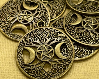 Wicca Witch Pentacle Pendants / Antique Bronze / Pagan Charms / Mystical / Filigree Tree Charm / Moon Pendant / Halloween / Patina Queen