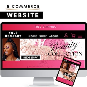 May include: A website mockup for an online beauty store with the text "Beauty Collection" and "Shop Now" buttons. The website features a pink and black color scheme and a photo of a woman with makeup on.