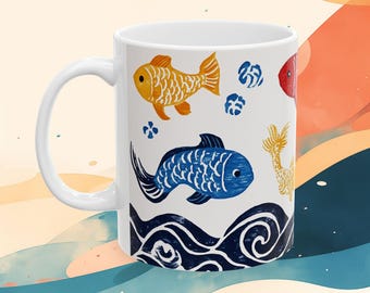 Japanese Style Fish Mug: Colorful Ocean Art Coffee Cup