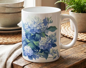 Blue Hydrangea Mug, Floral Coffee Mug, Botanical Hydrangea Cup, Cottagecore Flower Coffee Mug