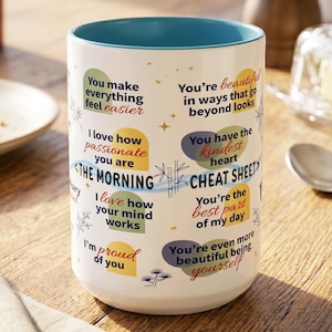 May include: White ceramic mug with a blue interior. The mug features colourful text bubbles with phrases such as "You're beautiful" and "Cheat Sheet". The mug has a cylindrical shape and is likely used for beverages.