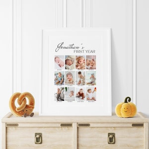 Modèle d'affiche imprimable de la première année de bébé, année modifiable en images, téléchargement immédiat, panneau moderne de collage de photos pour le 1er anniversaire