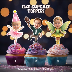 Topper per cupcake con viso personalizzato - Decorazione per festa del primo compleanno, ritaglio viso di bambino, decorazione per torta personalizzata, decorazione per compleanno