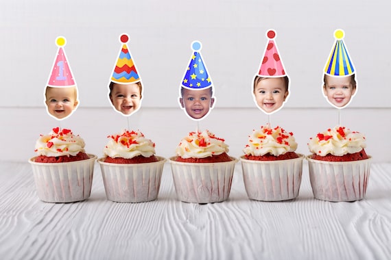 Custom Face Cupcake Toppers: First Birthday Party Hats (Digital PDF File)