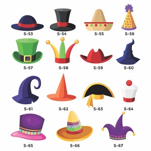 May include: A collection of 15 different hat designs, including a top hat, a witch's hat, a jester's hat, a sombrero, a party hat, a pirate hat, and a leprechaun hat.