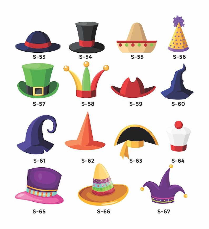 May include: A collection of 15 different hat designs, including a top hat, a witch's hat, a jester's hat, a sombrero, a party hat, a pirate hat, and a leprechaun hat.