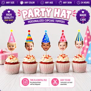 Custom Face Cupcake Toppers: First Birthday Party Hats (Digital PDF File)